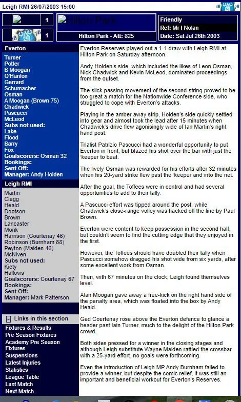 Match report for Leigh RMI 1 Everton 1 at Hilton Park, 26 July 2003, showing Andy Burnham coming on as an 88th minute substitute for Leigh RMI